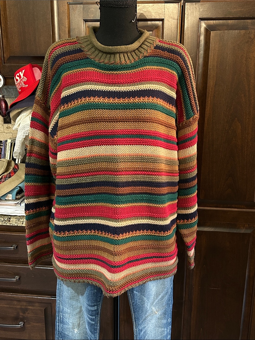 1990’s Chaus Sz M Striped Multicolor Women’s Crewneck Sweater - Olive/Rust/Pink